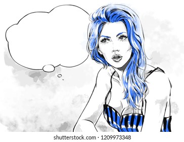 Female portrait with speech bubble vector, fashion illustration. Young attractive woman's portrait thinking and  dreaming shopping.Color vector prints, trendy design texture,  free hand art, beauty.