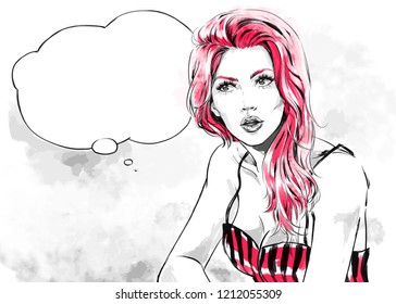 Female portrait with speech bubble vector, fashion illustration. Young attractive woman's portrait thinking and  dreaming shopping.Color vector prints, trendy design texture,  free hand art, beauty.