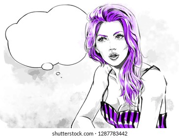 Female portrait with speech bubble vector, fashion illustration. Young attractive woman's portrait thinking and  dreaming shopping.Color vector prints, trendy design texture,  free hand art, beauty.