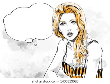 Female portrait with speech bubble vector, fashion illustration. Young attractive woman's portrait thinking and  dreaming shopping.Color vector prints, trendy design texture,  free hand art, beauty.