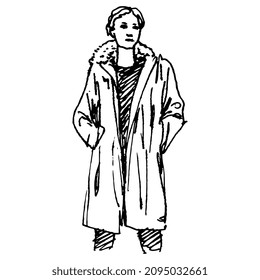 Female portrait. Standing young Caucasian woman wearing winter coat. Hand drawn linear doodle rough sketch. Black ink silhouette on white background. Isolated vector illustration.