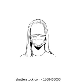 Female portrait with Surgical, Medical Mask on her face. Air pollution, influenza epidemic of a deadly strain, Coronavirus, covid-19 virus protection illustration. Girl head. Vector sketch Silhouette