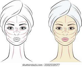 Female portrait in a towel on head massage lines. Women face. Beautiful woman head. Outline sketch. Template for beauty industry. Vector illustration.