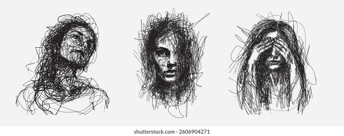 Female portrait . Vector face illustration. Woman drawn with ink. Scribble drawing. Line drawing art. Vector illustration. Line drawn portrait. Hand drawn. Scribble art. Creative drawing. Chaotic line