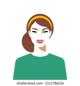 Retrato femenino de la mujer con un estilo mínimo. Chica muy sonriente, vestida de forma casual, pelo castaño, piel blanca. Cara alegre con formas simples y claras. Ilustración moderna de estilo plano para afiche, portada, banner.