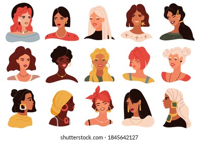 Retrato femenino. Colección de imágenes de moda para mujeres, iconos modernos multiétnicos para chicas, perfil y cara completa con diferentes estilos de cabello. Ensayo de avatar aislado para rubias, morenas y cabellos rojos