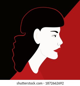 Female portrait. Young woman face on black and red background, side view, long hair. Vector illustration