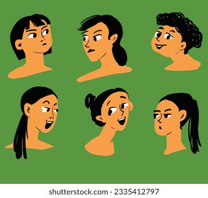 Female portraits, cartoon style illustration, isolated on green background. Separate layers. Vector EPS10