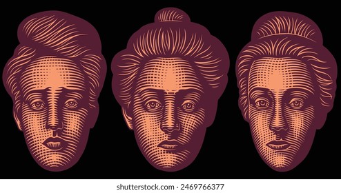 Female portraits. Design set. Editable hand drawn illustration. Vector vintage engraving. Isolated on black background. 8 EPS
