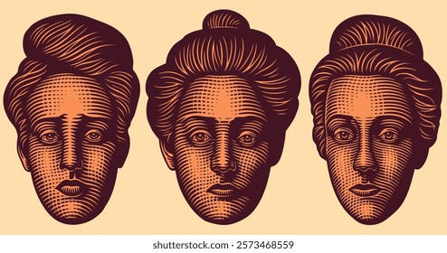 Female portraits. Design set. Editable hand drawn illustration. Vector vintage engraving. Isolated on light background. 8 EPS
