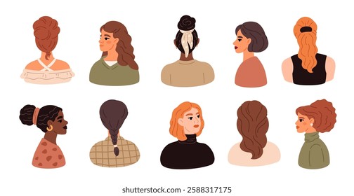 Female portraits. Different hairstyles. Femininity diversity. Tenderness and beauty. Beautiful multinational women characters. Heads and shoulders. Stylish haircuts