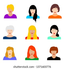 Female portraits. Woman heads with various hairstyle. Vector graphic illustration. 