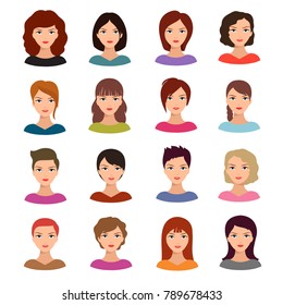 Female portraits. Young woman heads with various hairstyle vector avatars stock. Face woman portrait head illustration