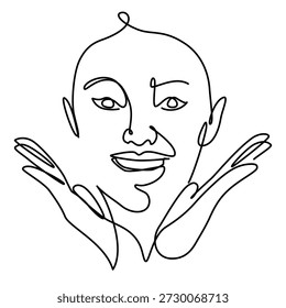 Fêmea em uma pose com ambas as mãos sob o queixo um desenho de linha. Feminino em uma pose com ambas as mãos sob sua ilustração de linha única do queixo. Fêmea em uma pose com ambas as mãos sob sua arte de linha minimalista do queixo