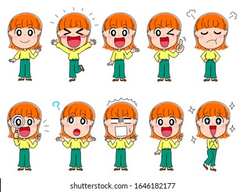 Animación del material de ilustración de ilustraciones de pose y expresión facial femenina