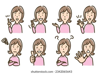 Conjunto de expresiones faciales de pose femenina,Ilustración vectorial
