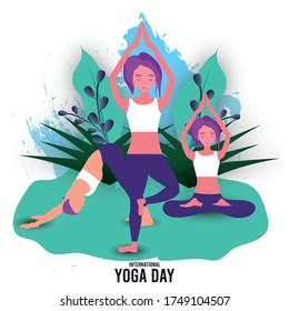 Female Posing Yoga with Different Style on Purple Splash Backgroung for International Yoga Day, 21st June. 