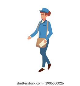 trabajadora de oficina de correos femenina con ilustración de vector de bolso y sobre