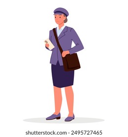 Female postal delivery worker holding paper envelope with letter. Young woman with professional postman uniform, bag and hat standing, portrait of girl postie at work cartoon vector illustration