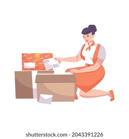 Female postal worker with box of letters flat vector illustration