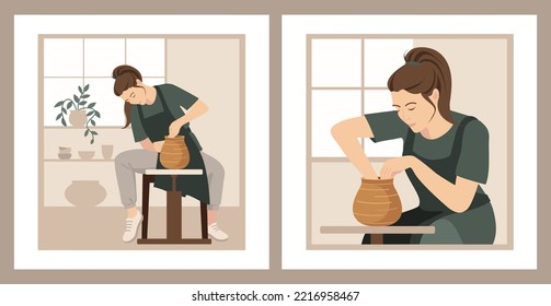 A female potter creates a vase on a potter's wheel. A set of illustrations for a ceramics studio, pottery workshop, for an article, postcard, flyer, poster.