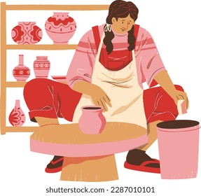 alfarera femenina creando taza de bebida caliente en taller de cerámica. Ilustración del vector