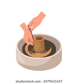 Female potter hands using pottery wheel to make handmade clay jar isolated on white background