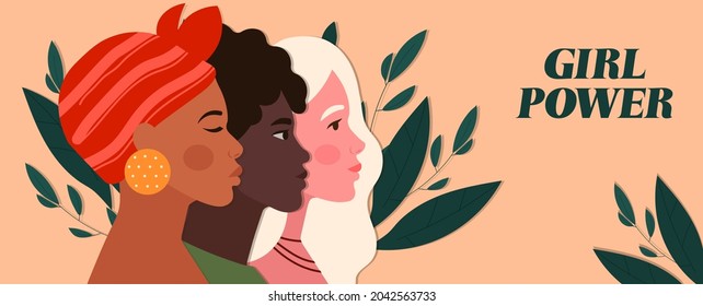 Female power concept. Portraits of beautiful women with different skin colors. Tolerance and gender equality. Banner with inscription. Cartoon flat vector illustration isolated on pink background