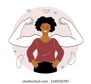 Female power concept. Young girl smiles, behind her powerful arms show biceps. Successful businesswoman or employee, feminism and equality, human rights metaphor. Cartoon flat vector illustration