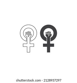 Female power, feminism, woman gender with fist protest hand. Vector outline icon template