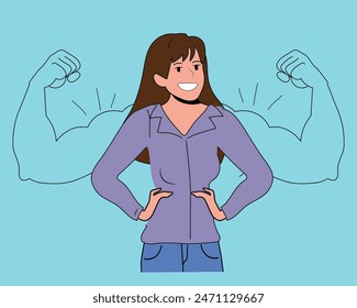 Poder femenino, autoconfianza femenina, concepto de alta estima. Mujer sonriente valiente segura de sí misma de pie mostrando sombras bíceps enfrentando miedos como héroe poderoso sintiéndose poderosa segura de sí misma con fuerza interior