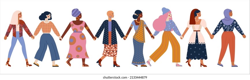 Female power solidarity and women empowerment banner. Diverse group of women are holding hands. Girls of different races, ethnicity and cultures walking together. International womens day concept.