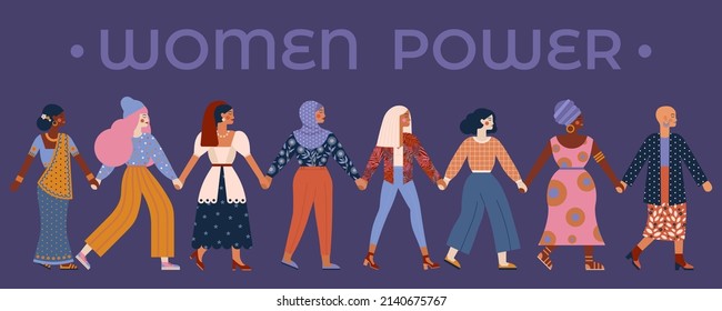 Female power solidarity and women empowerment banner. Diverse group of women are holding hands. Girls of different races, ethnicity and cultures walking together. International womens day concept.