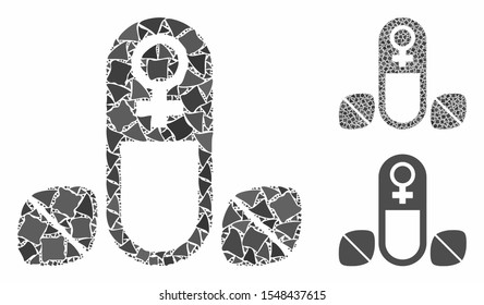 Female power tablets composition of uneven elements in variable sizes and shades, based on female power tablets icon. Vector unequal elements are united into illustration.