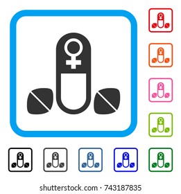 Female Power Tablets icon. Flat grey iconic symbol in a light blue rounded frame. Black, gray, green, blue, red, orange color additional versions of Female Power Tablets vector.