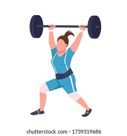 Female powerlifter lifting barbell flat color vector faceless character. Sportswoman workout isolated cartoon illustration for web graphic design and animation. Professional weightlifting exercise