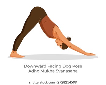 Hembra practicando yoga en la postura hacia abajo del perro, estilo plano de la historieta en el fondo blanco. Concepto de estilo de vida saludable. Ilustración vectorial