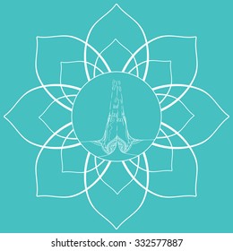 Female praying hands  in the mehendi in the lotus flower for yoga studios and your design