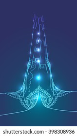 Female praying hands in the mehndi with bright sparks for yoga studios and your design