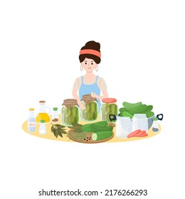 Female Prepare Pickled Cucumbers With Spices in a Jar. Canned Natural Healthy Products Vector Illustration.