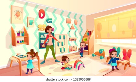 Female Preschool Nursery Nurse, Kindergarten Teacher Playing With Children In Modern, Equipped Classroom Cartoon Vector Illustration. Montessori School, Early Childhood Education Service Concept