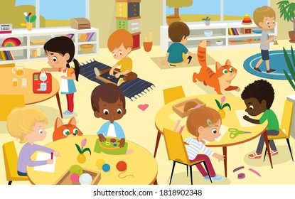 Female Preschool Nursery Nurse, Kindergarten Teacher Playing With Children In Modern, Equipped Classroom Cartoon Vector Illustration. Montessori School, Early Childhood Education Service Concept.