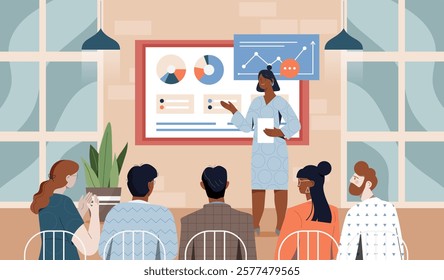 A female presenter discusses data charts on a screen while addressing a seated audience. Modern flat style, indoor setting. Concept of teamwork and education. Vector illustration