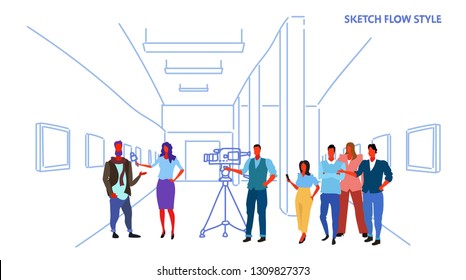 female presenter interviewing with crew reporter taking interview with man mass media announcement concept art gallery museum interior horizontal sketch