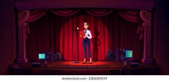 Female presenter smiling near microphone on stage. Vector cartoon illustration of pretty woman standing with folder in hand, camera recording video, taking photo of speaker performance at presentation