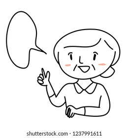 Female presenter speaking and pointing at blank speech bubble. Cute announcement concept with mature woman smiling and pointing finger to blank word balloon. Vector illustration with hand-drawn style.