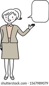 Female presenter speaking and pointing at blank speech bubble. Cute announcement concept with happy young woman smiling and pointing to blank word balloon. Vector illustration with hand-drawn style.