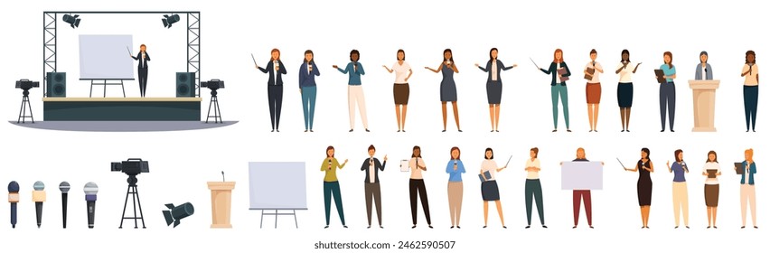 Female presenter vector. A group of people are standing in front of a white board. Some of them are holding signs