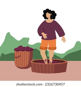 Female pressing grapes with feet, working in garden. Manufacturing organic wine. Process of growing organic grapes to make alcohol drinks. Wine production industry. Vector flat illustration