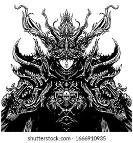 A Female Priestess, A Very Beautiful Girl, In A Creepy Costume With Many Bones, Teeth, And Tentacles, Massively And Symmetrically Surround Her Face . 2D Illustration.